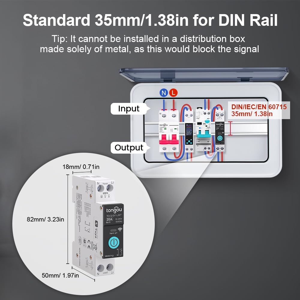 TONGOU SY1 Smart WiFi Switch | Timer, Energy Monitor, Alexa & Google Compatible | DIN Rail | Smart Life/Tuya App