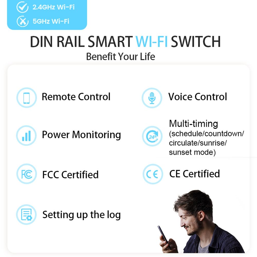 TONGOU SY1 Smart WiFi Switch | Timer, Energy Monitor, Alexa & Google Compatible | DIN Rail | Smart Life/Tuya App