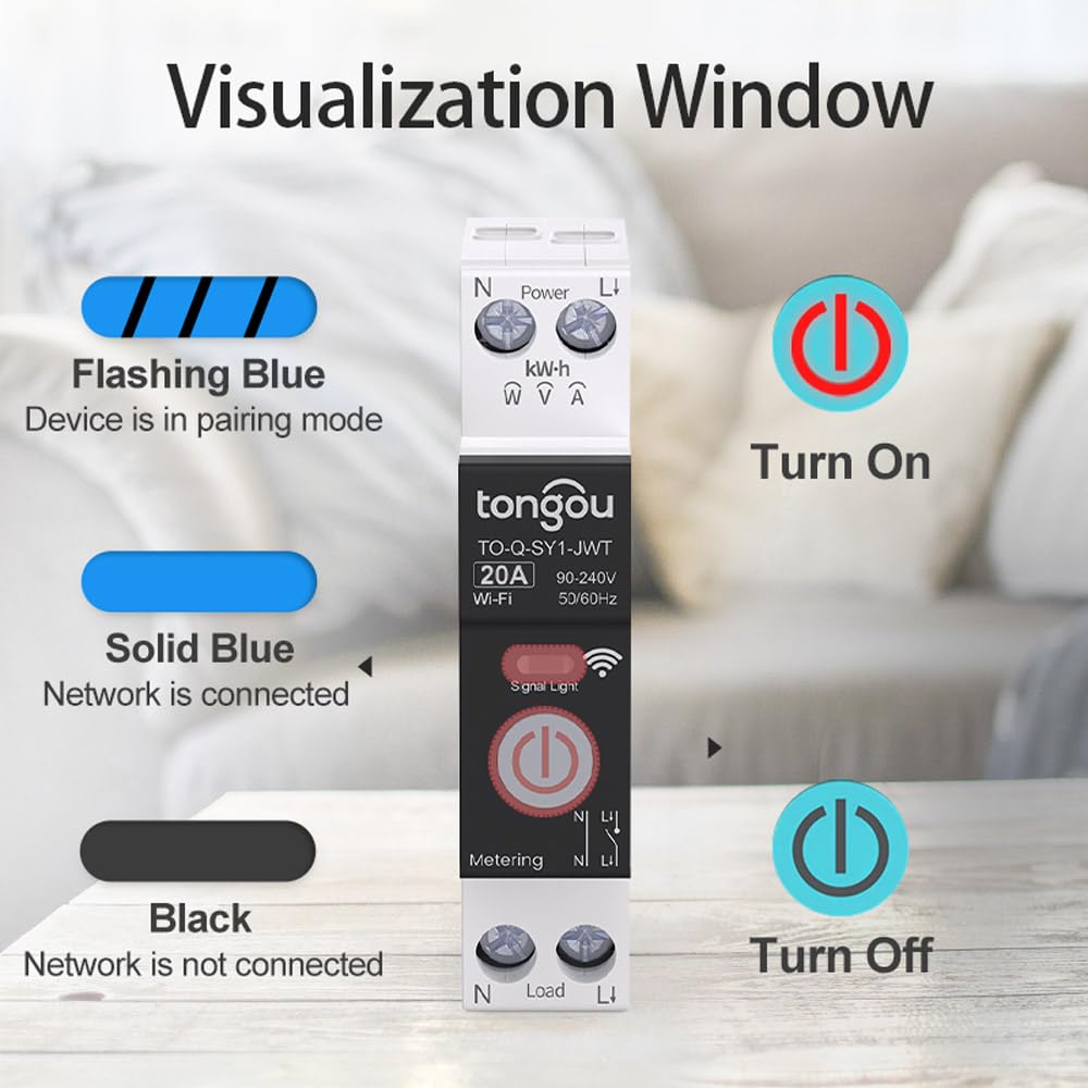TONGOU SY1 Smart WiFi Switch | Timer, Energy Monitor, Alexa & Google Compatible | DIN Rail | Smart Life/Tuya App