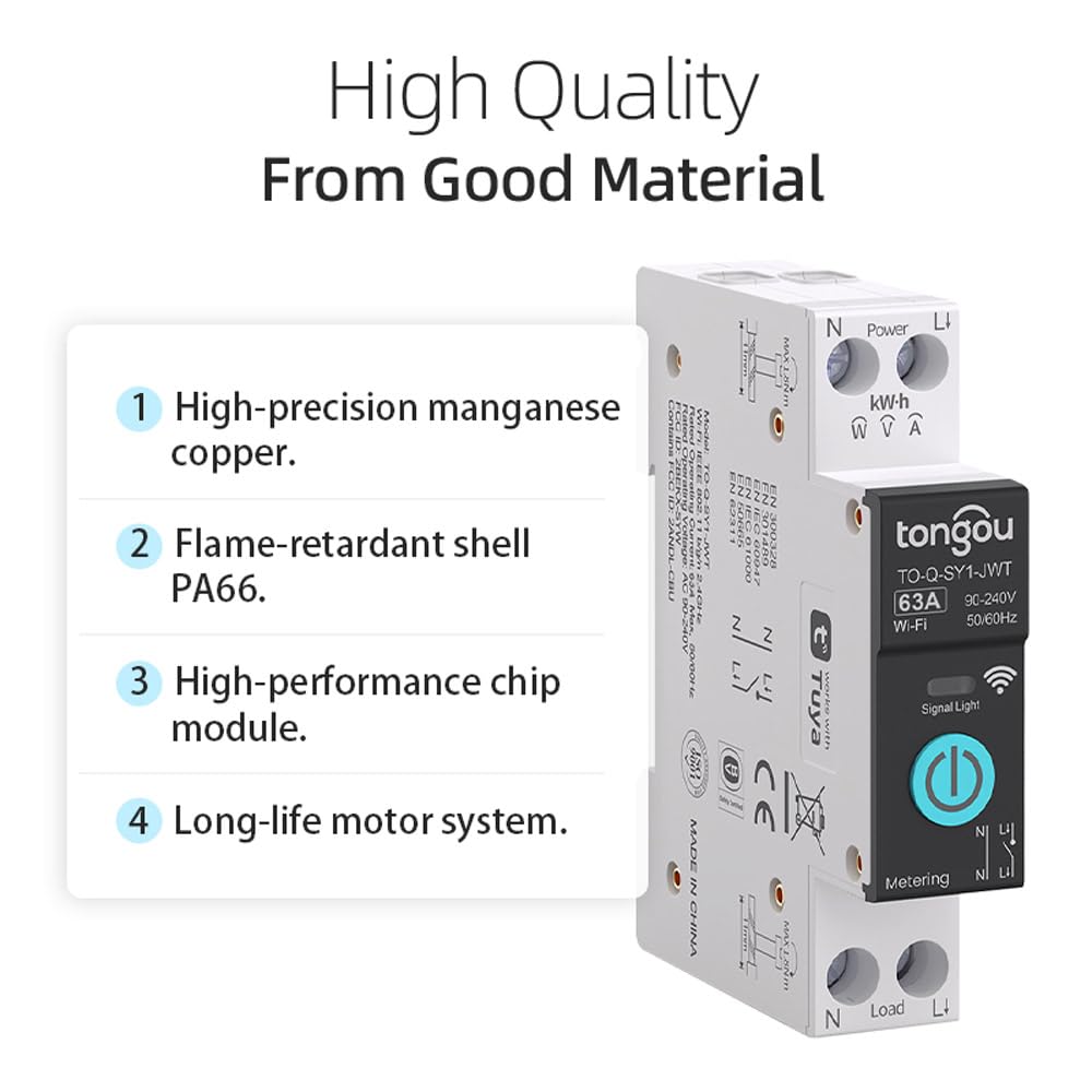 TONGOU SY1 Smart WiFi Switch | Timer, Energy Monitor, Alexa & Google Compatible | DIN Rail | Smart Life/Tuya App