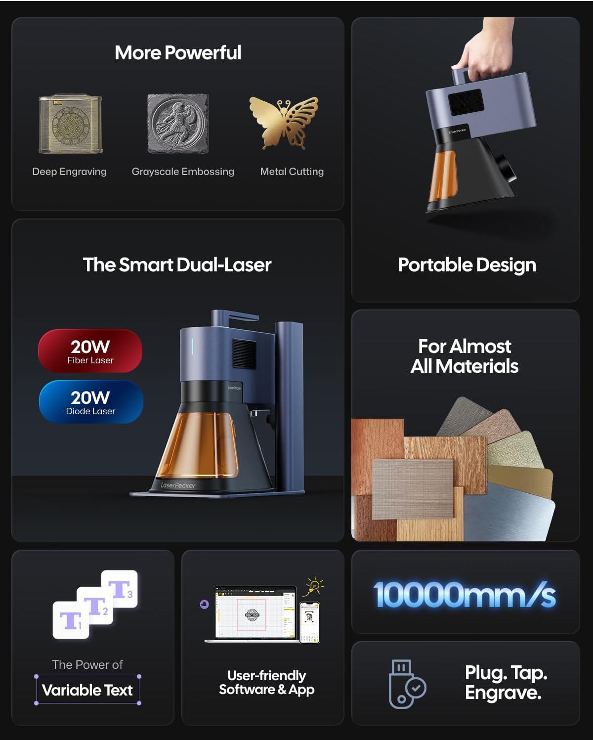LaserPecker LP5 20W Fiber & Diode Dual Laser Engraver – Portable 6kg, 10X Faster, 0.0027mm Precision for Metal, Wood, Jewelry & 3D Engraving.