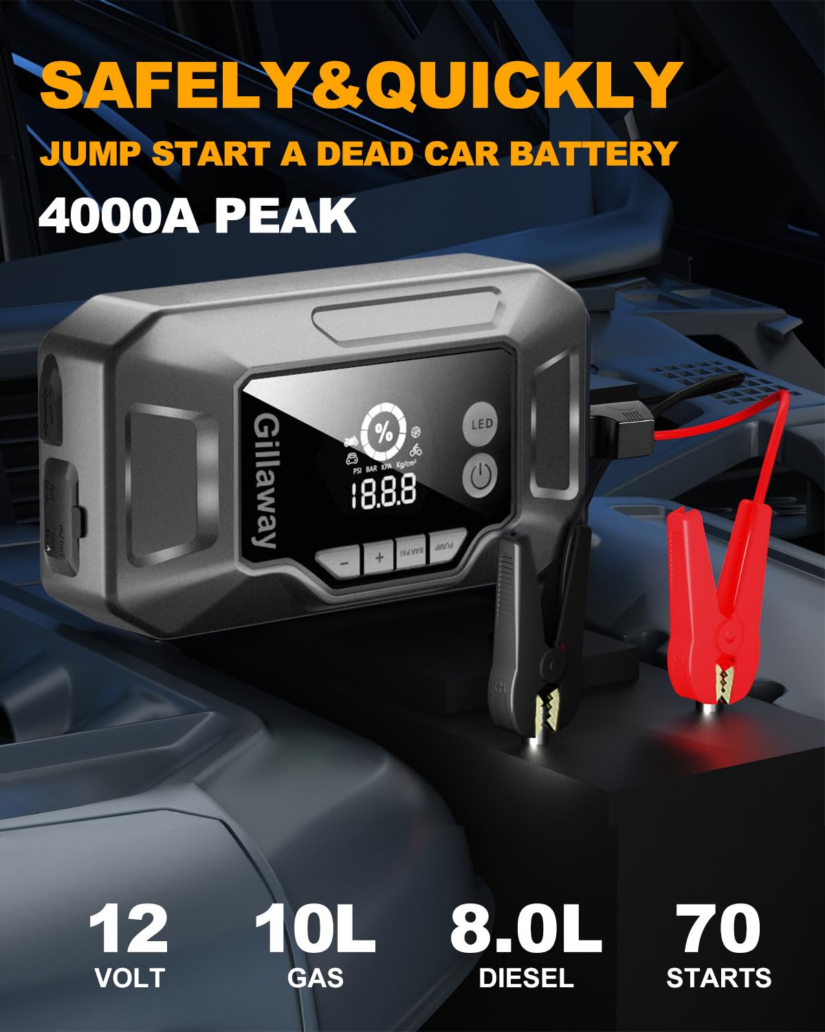 Gillaway Q11 4000A Car Jump Starter & 150PSI Air Compressor for 10L Gas/8.0L Diesel.