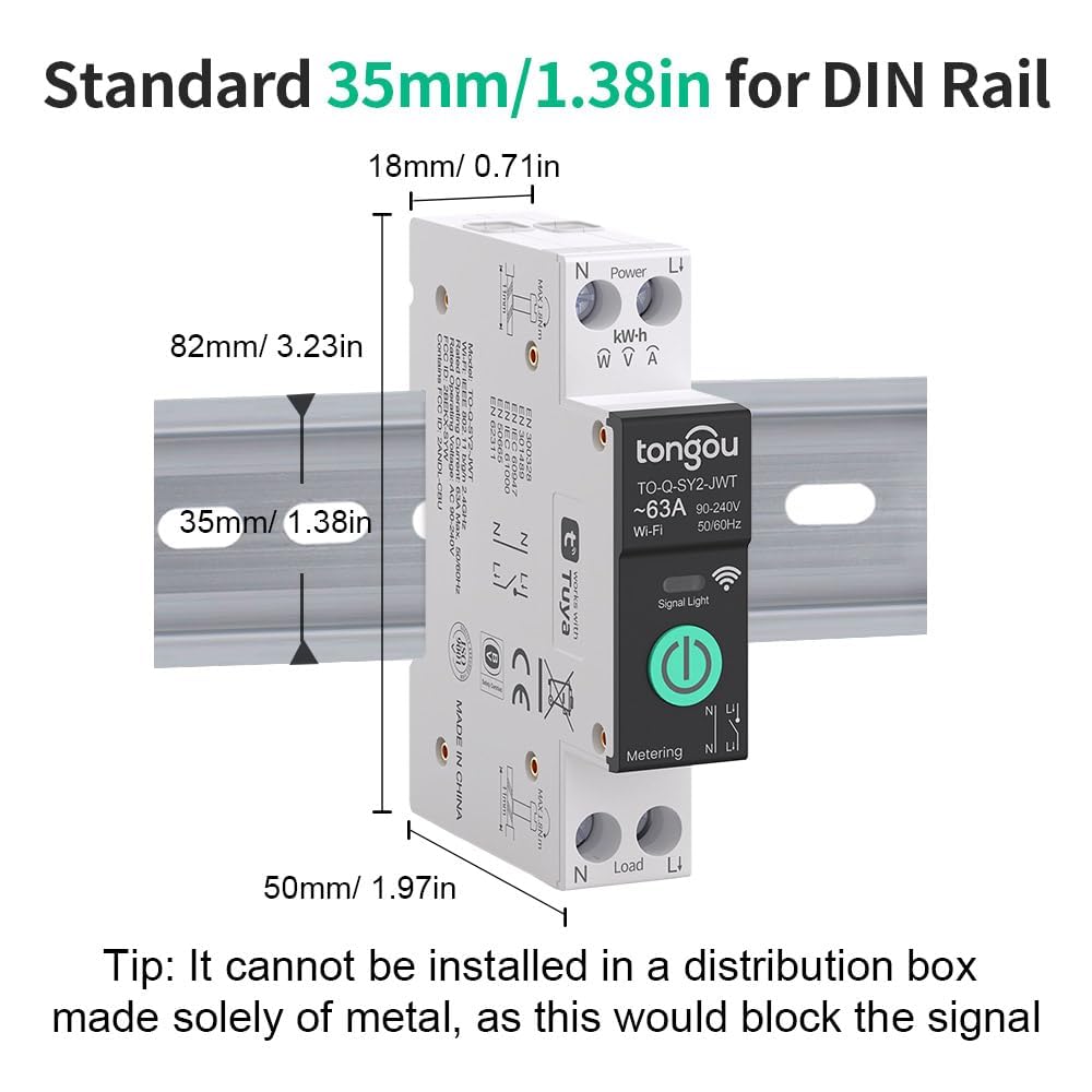 TONGOU SY2 63A Smart WiFi Relay Switch | DIN Rail Mount | Power Monitoring | TUYA App | Alexa & Google Home Compatible | No Hub Required