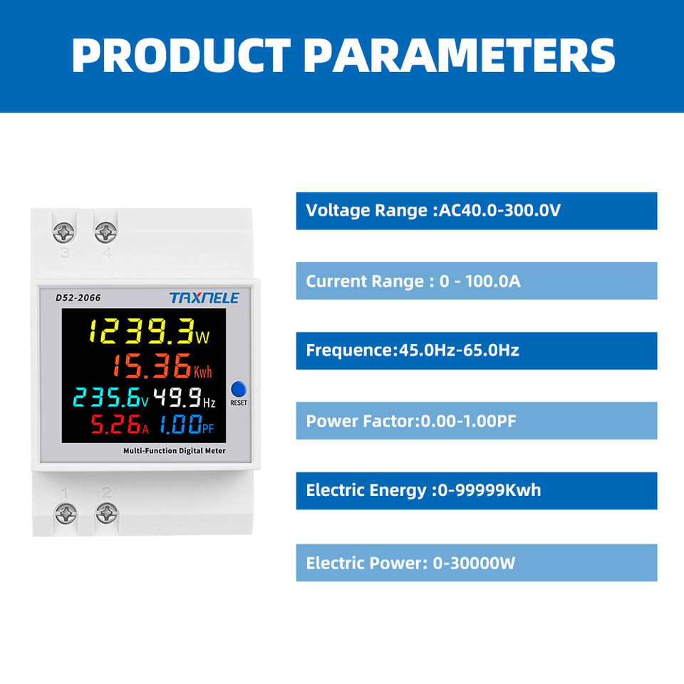 HIVAGI® Single Phase Energy Meter 100A 6-in-1 Power Monitor with LCD Display – AC 40-300V Voltage Current Frequency Active Power Consumption Meter for Home & Industrial Use