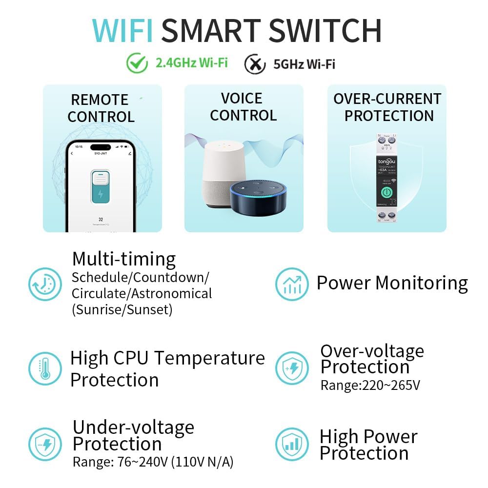TONGOU SY2 63A Smart WiFi Relay Switch | DIN Rail Mount | Power Monitoring | TUYA App | Alexa & Google Home Compatible | No Hub Required