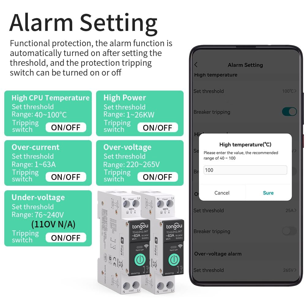 TONGOU SY2 63A Smart WiFi Relay Switch | DIN Rail Mount | Power Monitoring | TUYA App | Alexa & Google Home Compatible | No Hub Required