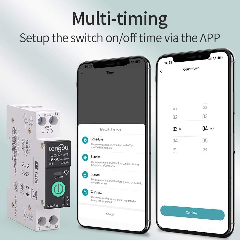 TONGOU SY2 63A Smart WiFi Relay Switch | DIN Rail Mount | Power Monitoring | TUYA App | Alexa & Google Home Compatible | No Hub Required