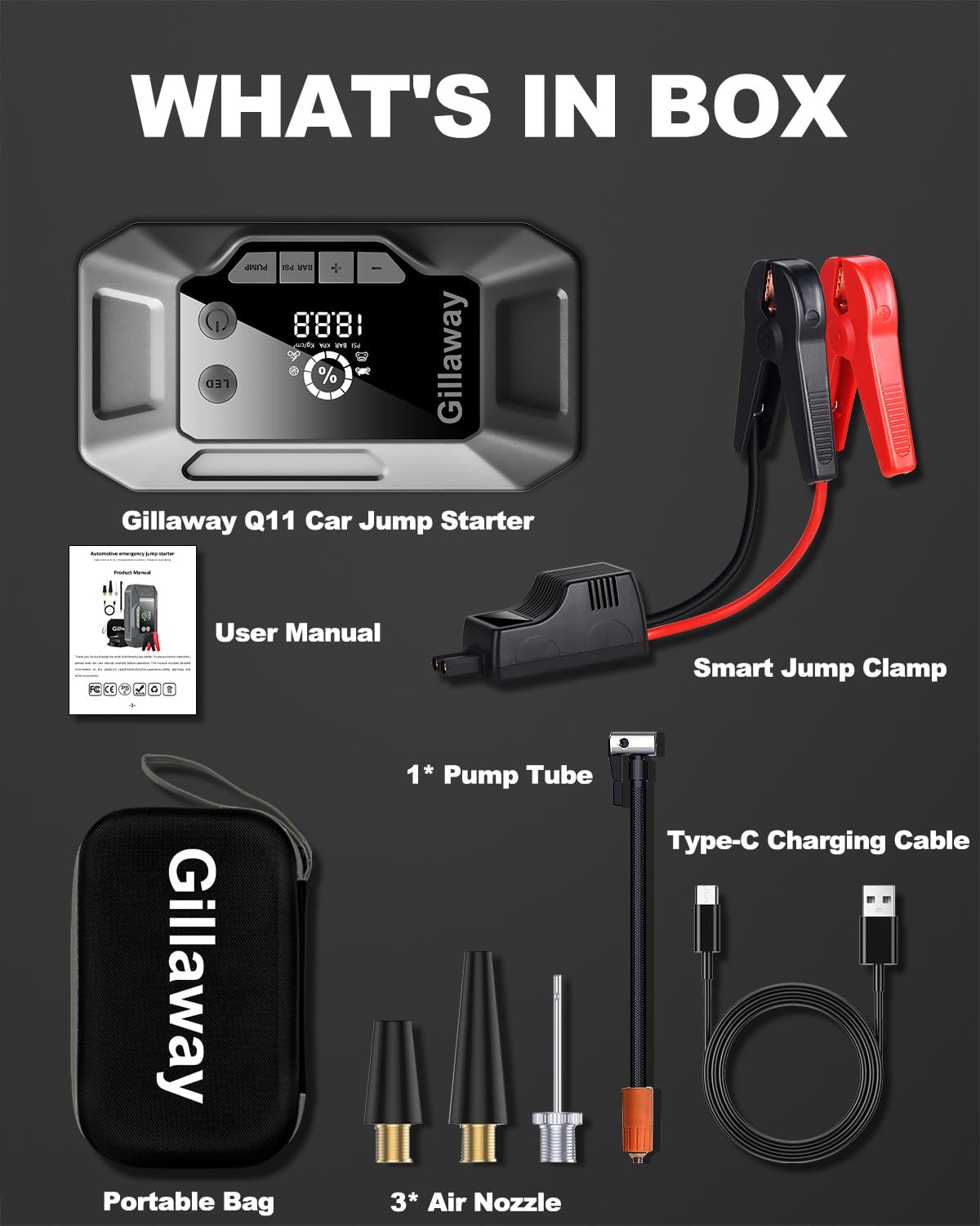 Gillaway Q11 5000A Car Jump Starter & 150PSI Air Compressor for 10L Gas/8.0L Diesel.