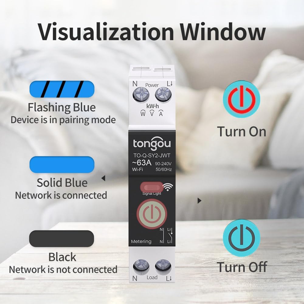 TONGOU SY2 63A Smart WiFi Relay Switch | DIN Rail Mount | Power Monitoring | TUYA App | Alexa & Google Home Compatible | No Hub Required