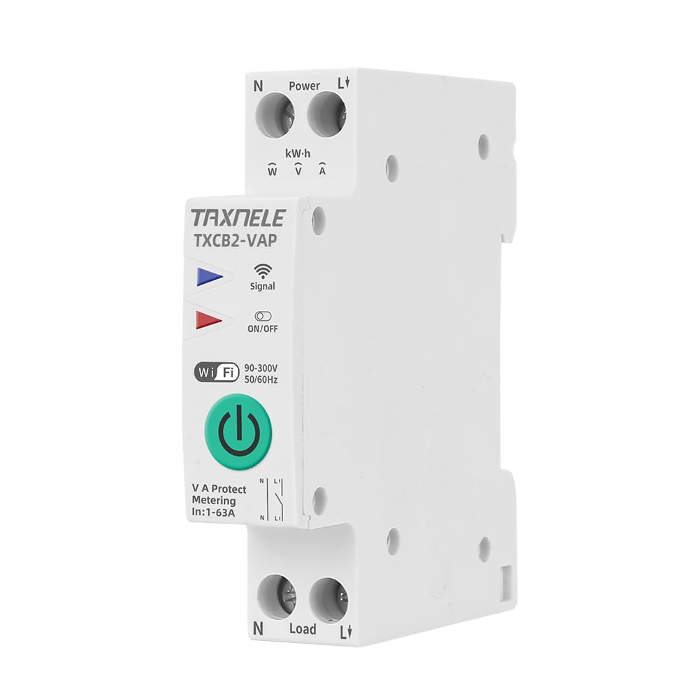 TAXNELE Tuya WiFi Smart Circuit Breaker 1-63A Adjustable | 230V DIN Rail Smart Energy Meter & Power Monitor with Over/Under Voltage Protection | Works with Smart Life, Alexa & Google Home