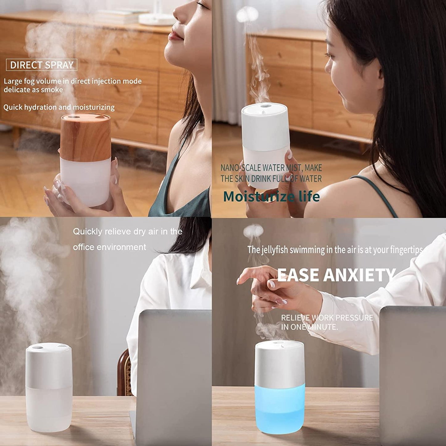 HIVAGI® Portable Mini Humidifier, Jellyfish Elf Cool Mist Ultrasonic Humidifier for Office Car Yoga & Travel (Light Wood Grain). - HIVAGI®