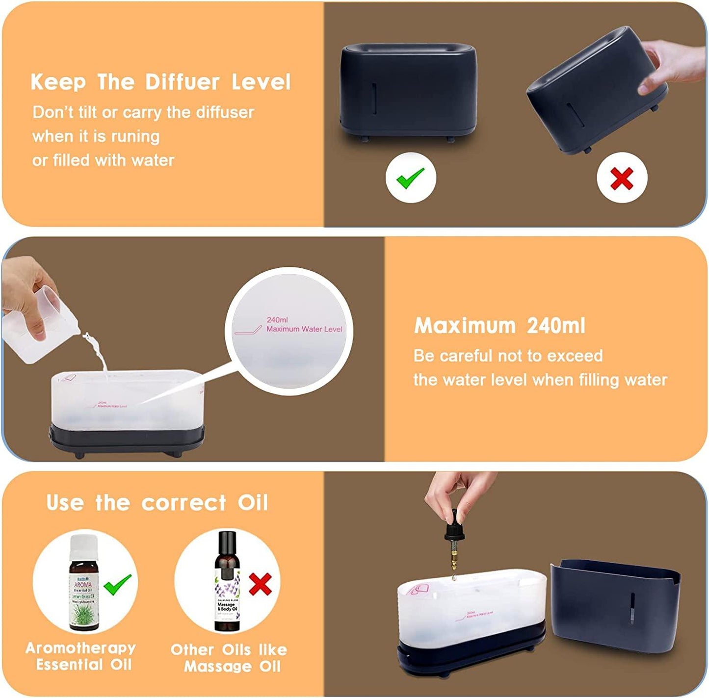 HIVAGI® Essential Oil Diffusers, 240ml Flame Air Diffuser Humidifier, with 7 Color Changing Modes for Bedroom Home, Office, Spa, Gym, etc. (Black) - HIVAGI®