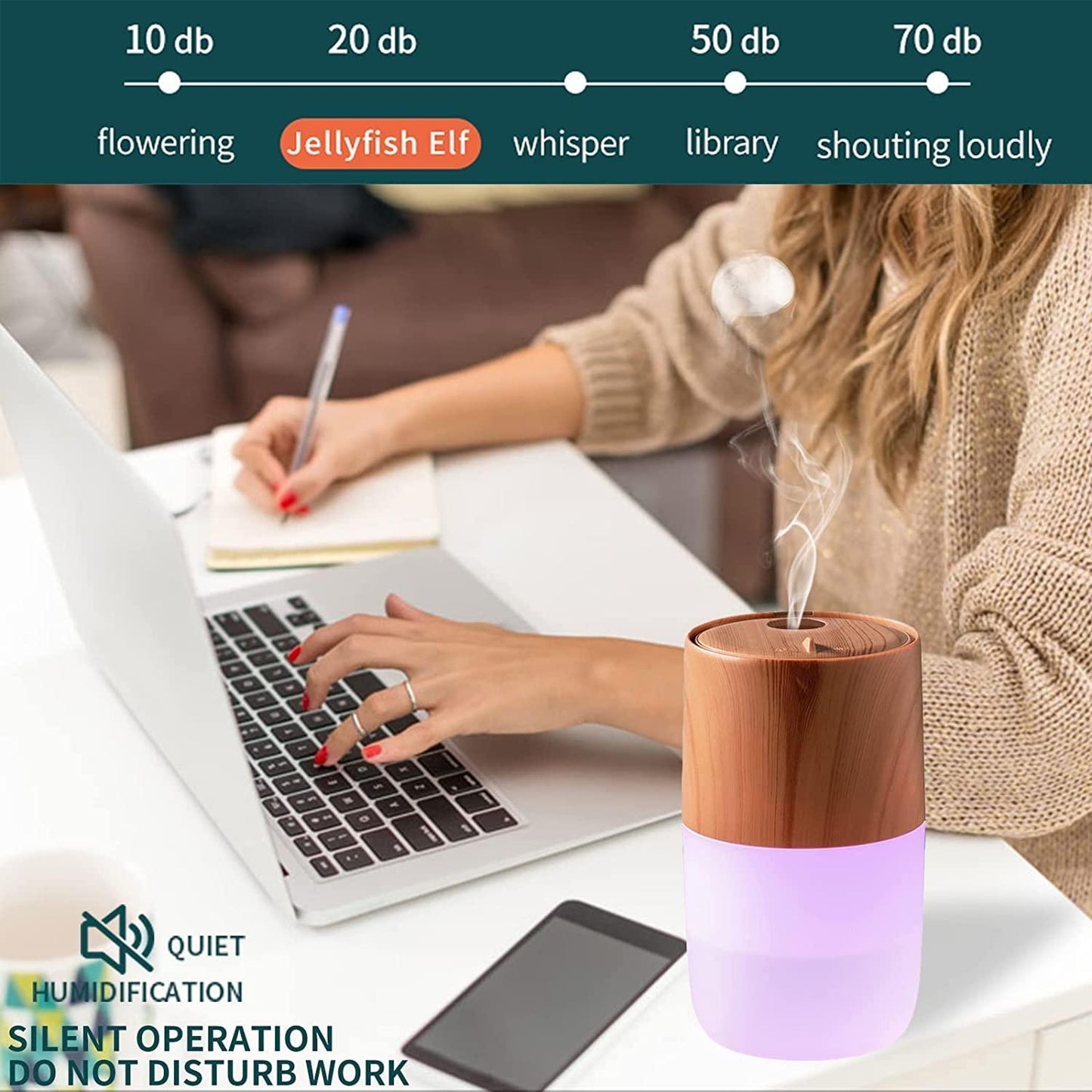 HIVAGI® Portable Mini Humidifier, Jellyfish Elf Cool Mist Ultrasonic Humidifier for Office Car Yoga & Travel (Light Wood Grain). - HIVAGI®
