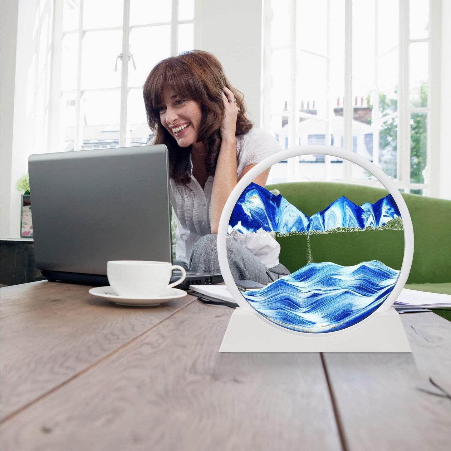 HIVAGI® Moving Sand Art Picture, Dynamic Sand Picture 3D Deep Sea Sand Frame For Home & Office (Blue, White Frame). - HIVAGI®