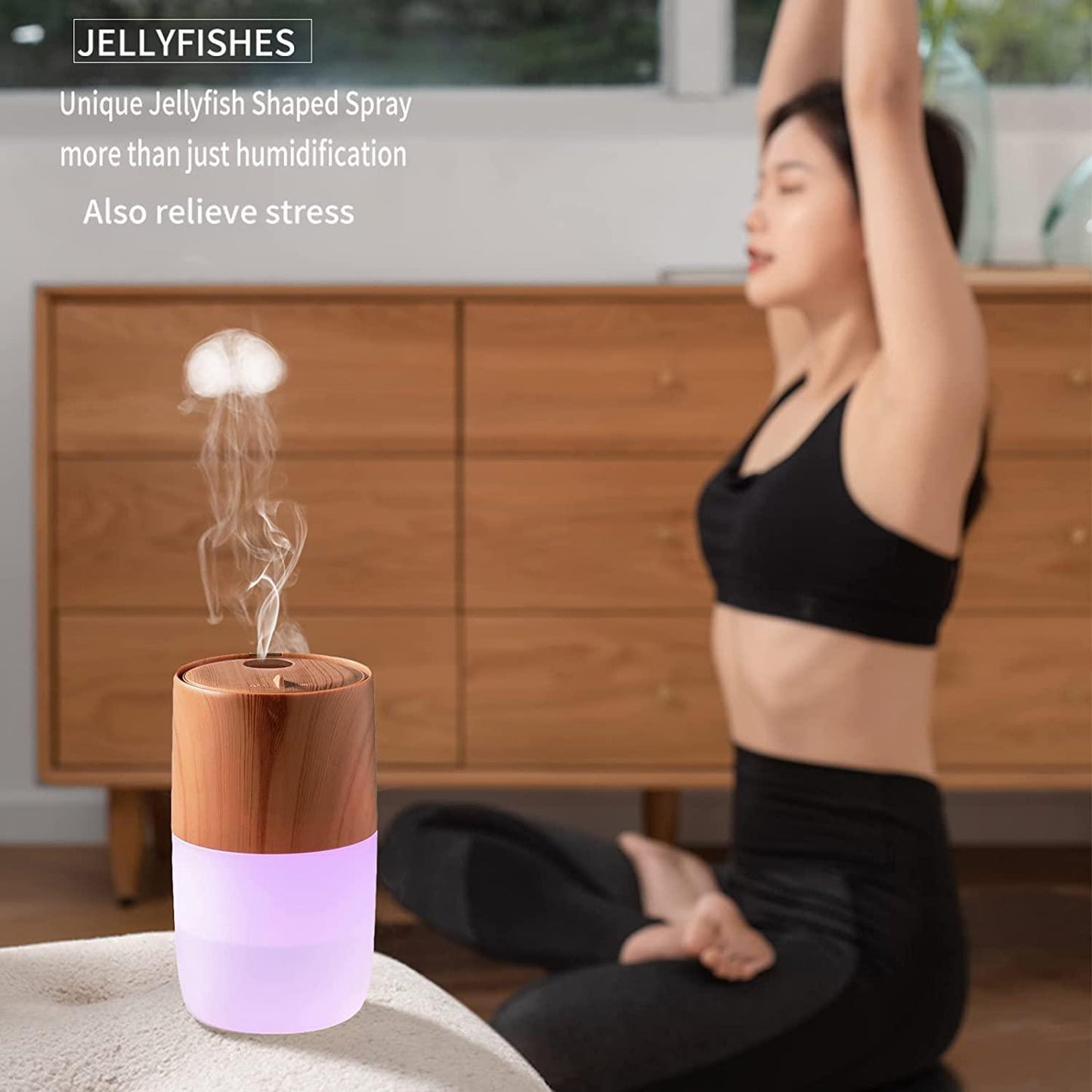 HIVAGI® Portable Mini Humidifier, Jellyfish Elf Cool Mist Ultrasonic Humidifier for Office Car Yoga & Travel (Light Wood Grain). - HIVAGI®