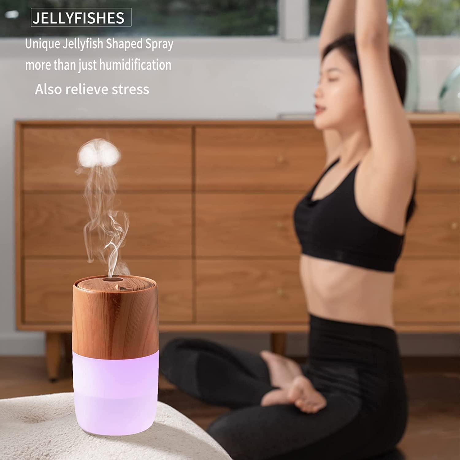 HIVAGI® Portable Mini Humidifier, Jellyfish Elf Cool Mist Ultrasonic Humidifier for Office Car Yoga & Travel (Light Wood Grain). - HIVAGI®
