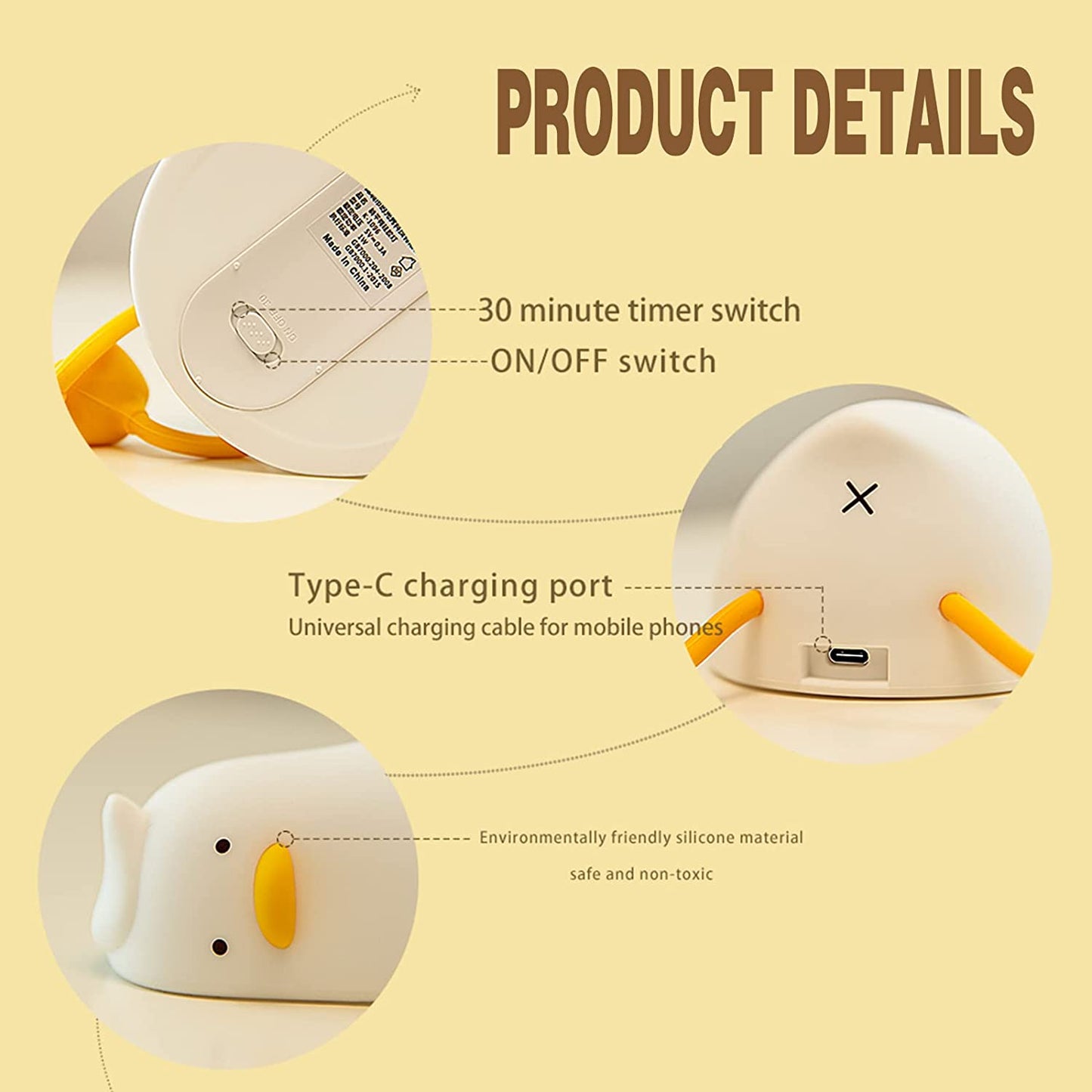 HIVAGIĀ® Kids Night Light - Lying Flat Duck Cute Night Light for Kids - Premium Silicone Nursery Nightlight - Touch Control - Type-C Rechargeable - Duck Lamp. - HIVAGIĀ®