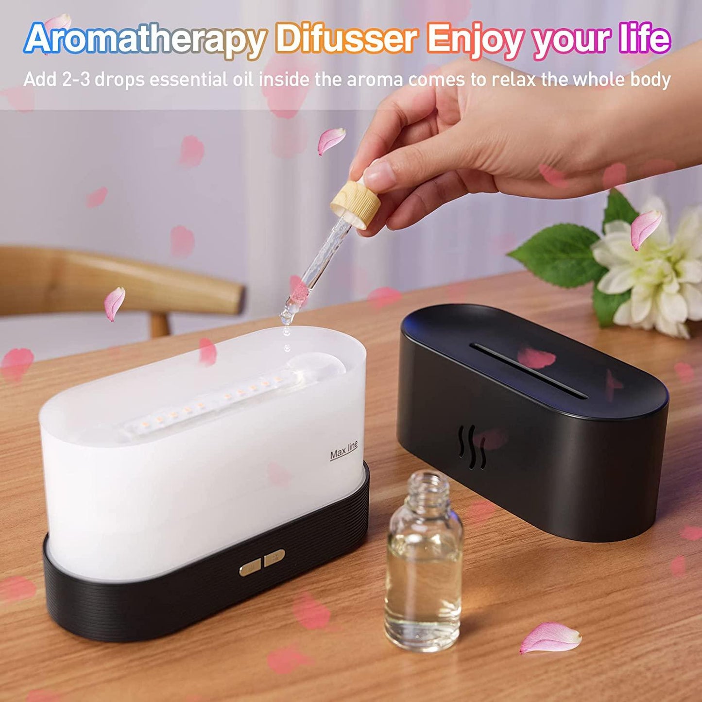 HIVAGI® Flame Air Aroma Diffuser Humidifier, 7 Flame Color Noiseless Essential Oil Diffuser for Home,Office,Yoga (8Hours Black) - HIVAGI®