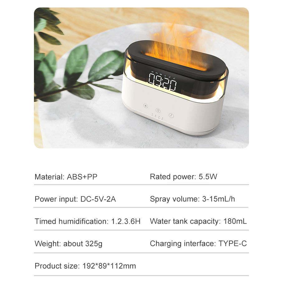 HIVAGI® Elegant Alarm Clock Aroma Oil Diffuser Innovative Simulation Flame Humidifier With Timer Function Flame Night Light for Home Office Yoga Gym. - HIVAGI®