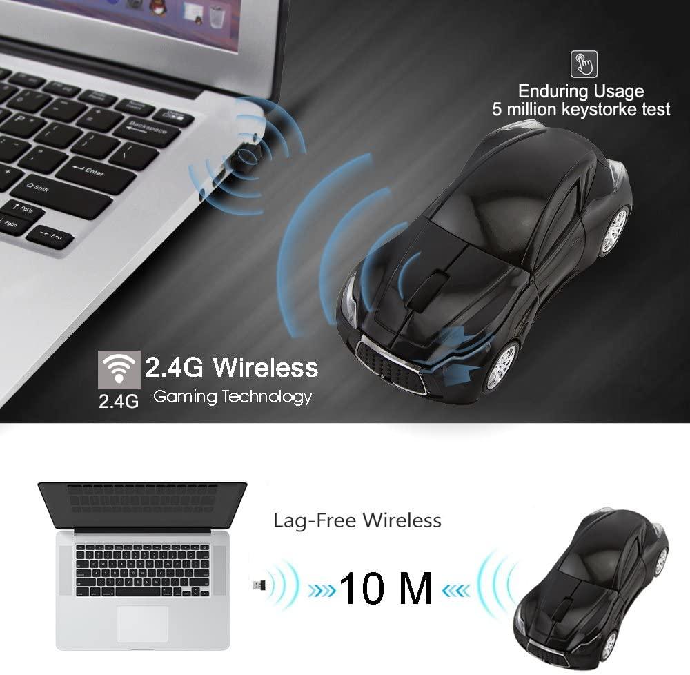 HIVAGI® Cool Sport Car Shape 2.4GHz Wireless Mouse Optical Cordless Mice with USB Receiver for PC Laptop Computer 1600DPI 3 Buttons (Black). - HIVAGI®
