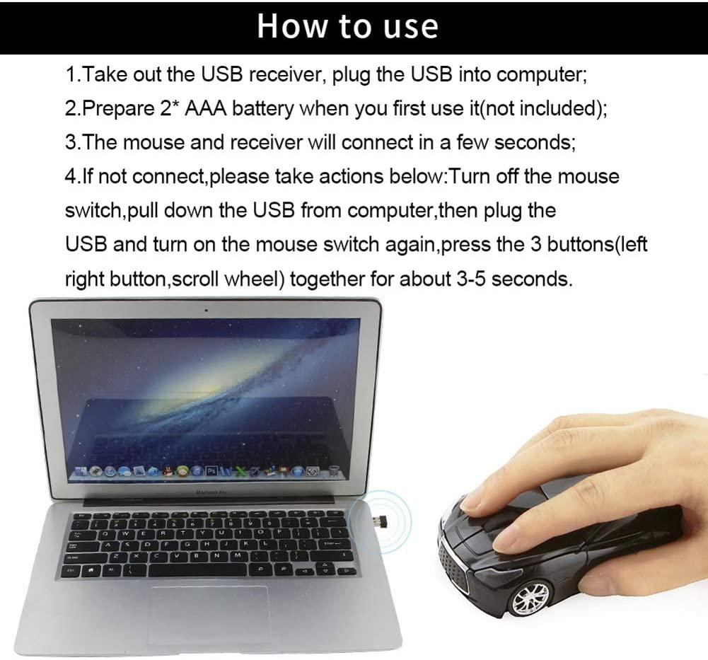 HIVAGI® Cool Sport Car Shape 2.4GHz Wireless Mouse Optical Cordless Mice with USB Receiver for PC Laptop Computer 1600DPI 3 Buttons (Black). - HIVAGI®