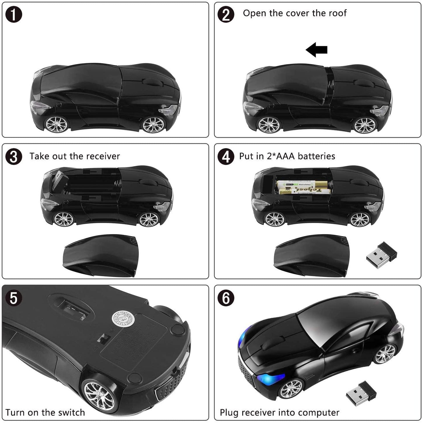 HIVAGI® Cool Sport Car Shape 2.4GHz Wireless Mouse Optical Cordless Mice with USB Receiver for PC Laptop Computer 1600DPI 3 Buttons (Black). - HIVAGI®