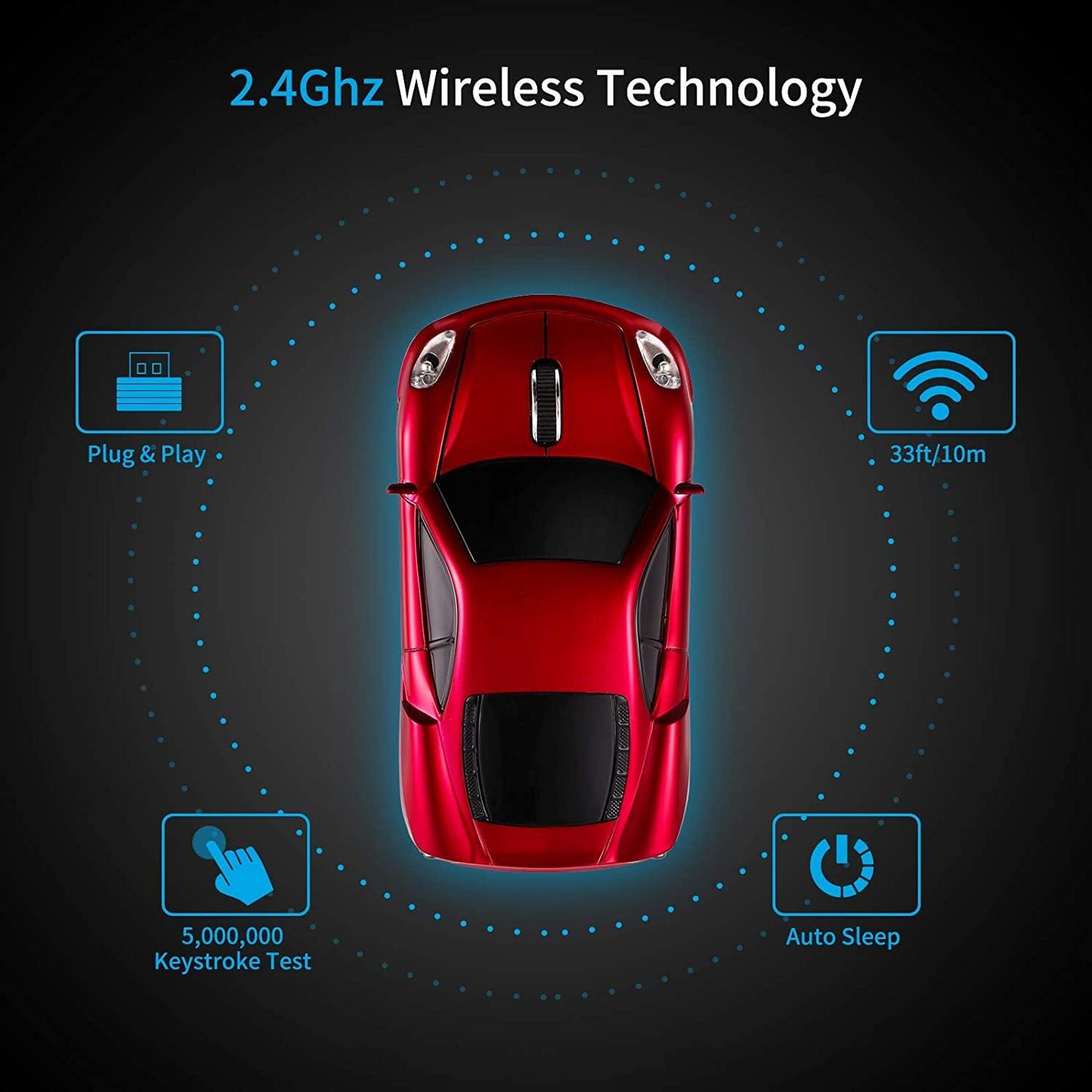 HIVAGI® Wireless Car Mouse 2.4GHz Cool Sports Car Shape Mouse With USB Receiver (Red). - HIVAGI®