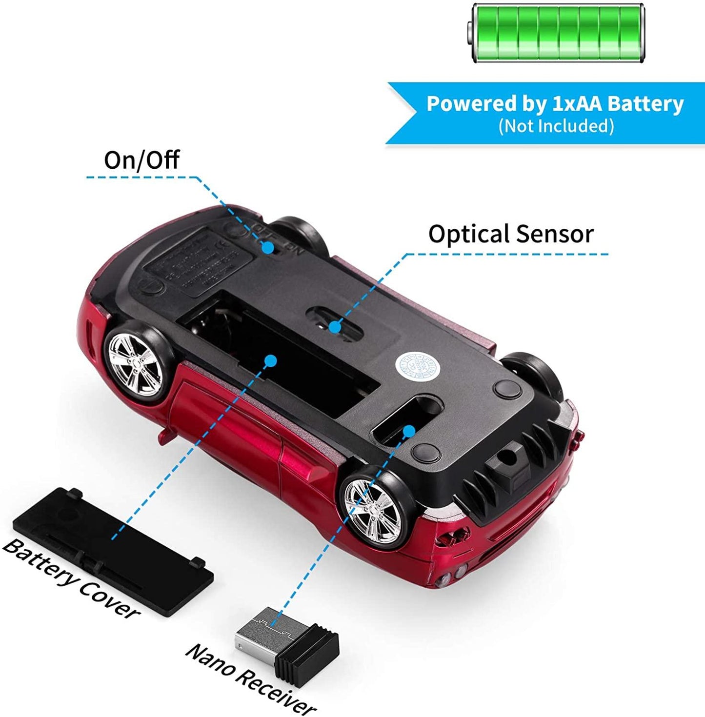 HIVAGI® Wireless Car Mouse 2.4GHz Cool Sports Car Shape Mouse With USB Receiver (Red). - HIVAGI®