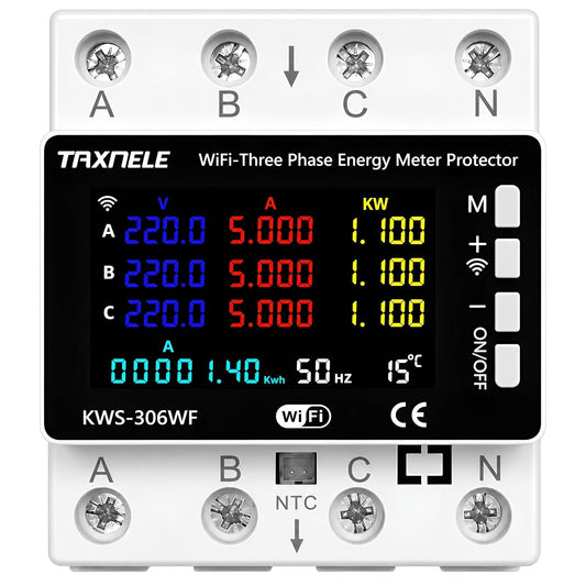 Taxnele 80A 3-Phase WiFi Smart Energy Meter & Circuit Breaker | Tuya Smart Life DIN Rail Voltage, Current & Surge Protection Relay (KWS-306WF).