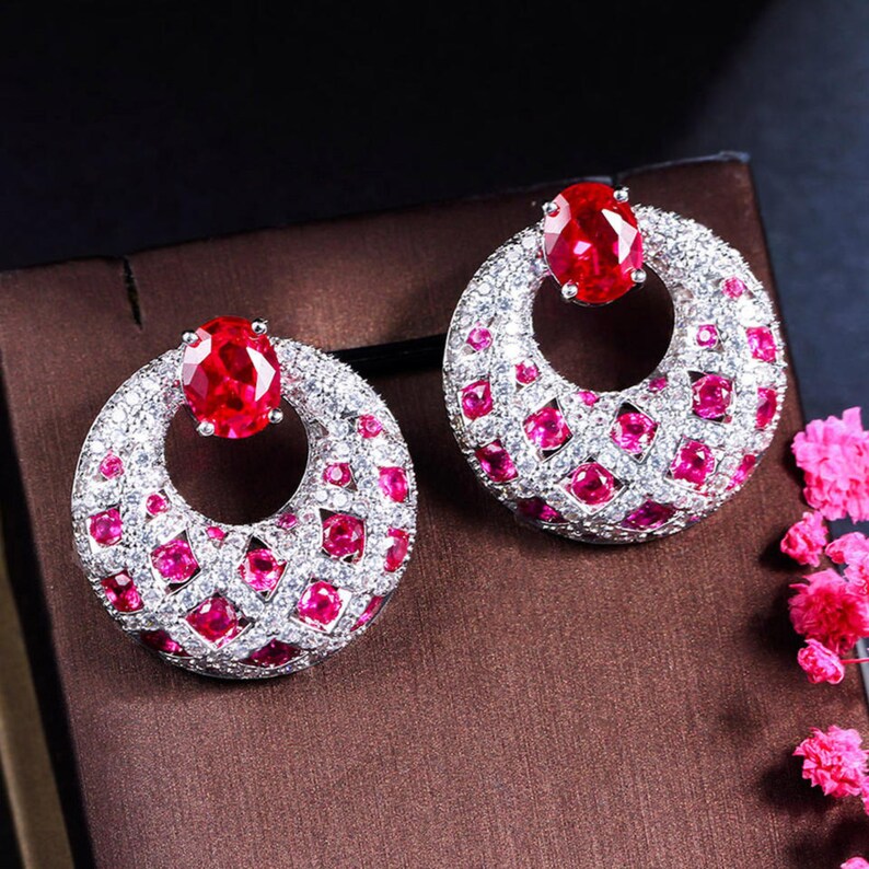 HIVAGI® Hot Royal Pink Red Cubic Zirconia Stone Earrings: Luxurious and Sparkling Party Wedding Jewelry. - HIVAGI®