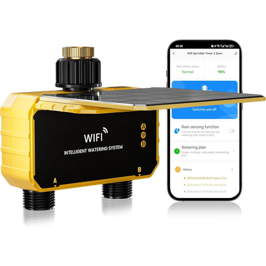 Solar Powered Smart WiFi Water Timer 2 Zone | HIVAGI® Irrigation Controller for Garden.