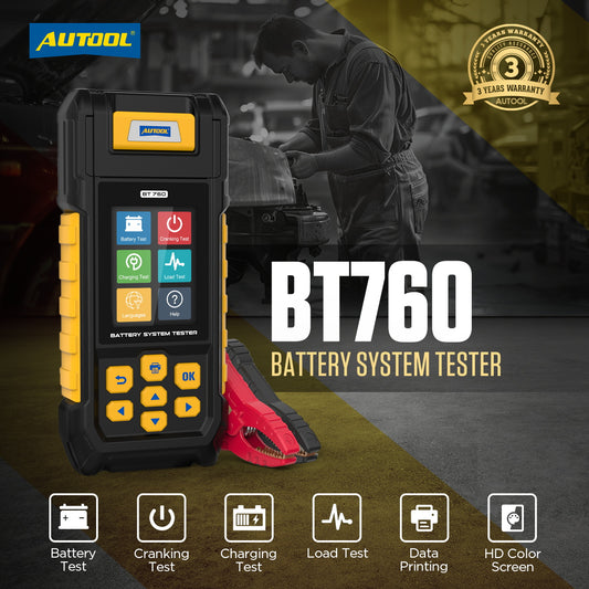 AUTOOL BT760 Battery Tester with Printer & Color Screen Cranking/Charging/Max Load Test.