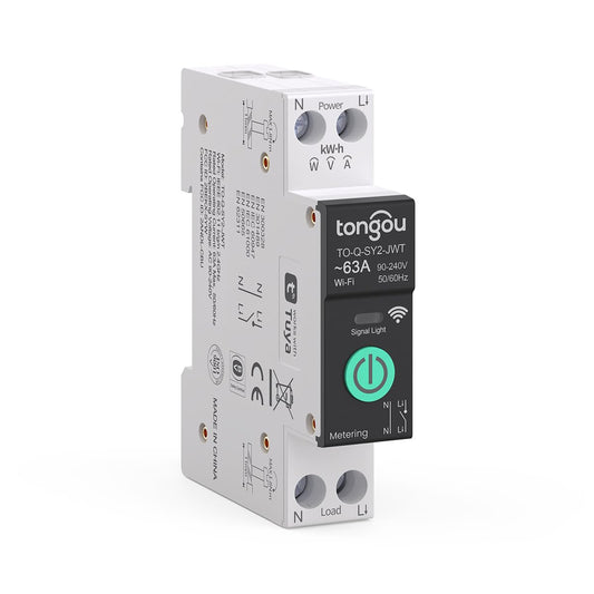 TONGOU SY2 63A Smart WiFi Relay Switch | DIN Rail Mount | Power Monitoring | TUYA App | Alexa & Google Home Compatible | No Hub Required