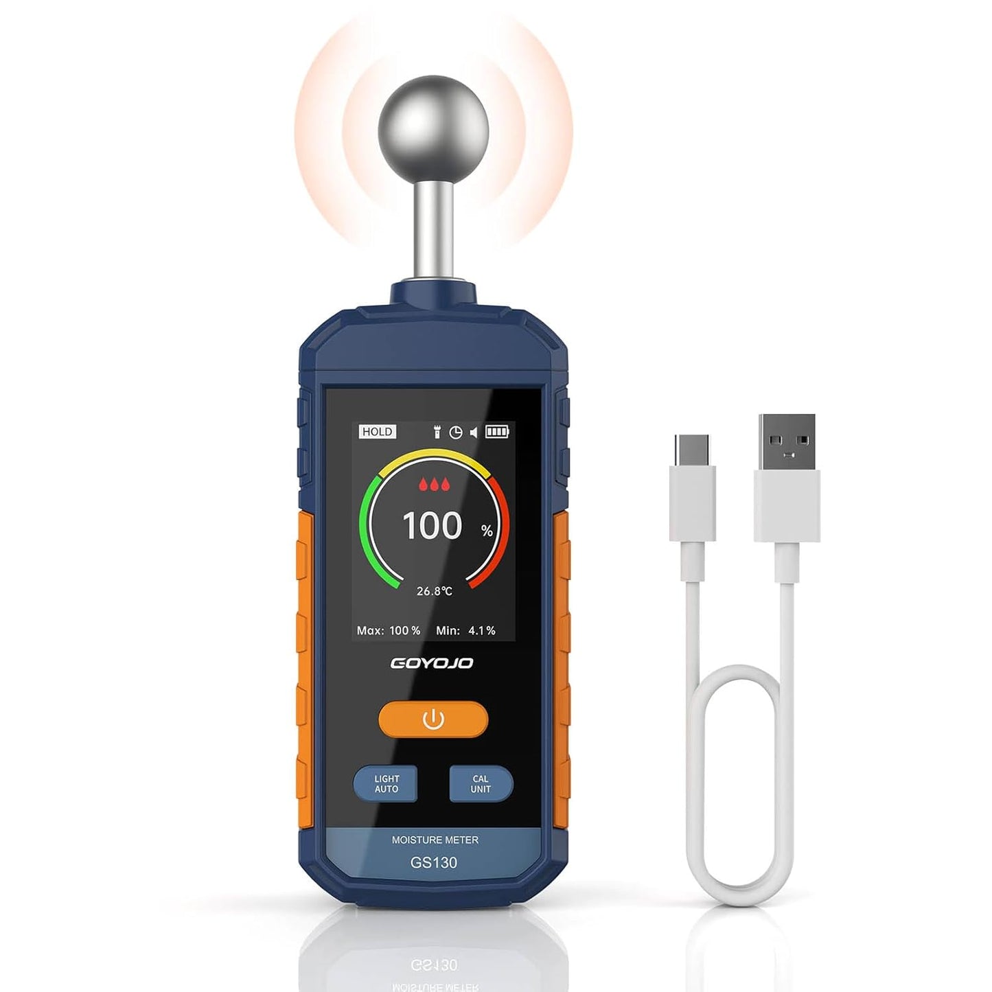 GOYOJO GS130 Pinless Moisture Meter for Wood, Drywall & Concrete | Non-Invasive Digital Water Leak Detector | USB-C Rechargeable Humidity Tester with Flashlight & LCD Display