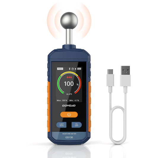 GOYOJO GS130 Pinless Moisture Meter for Wood, Drywall & Concrete | Non-Invasive Digital Water Leak Detector | USB-C Rechargeable Humidity Tester with Flashlight & LCD Display