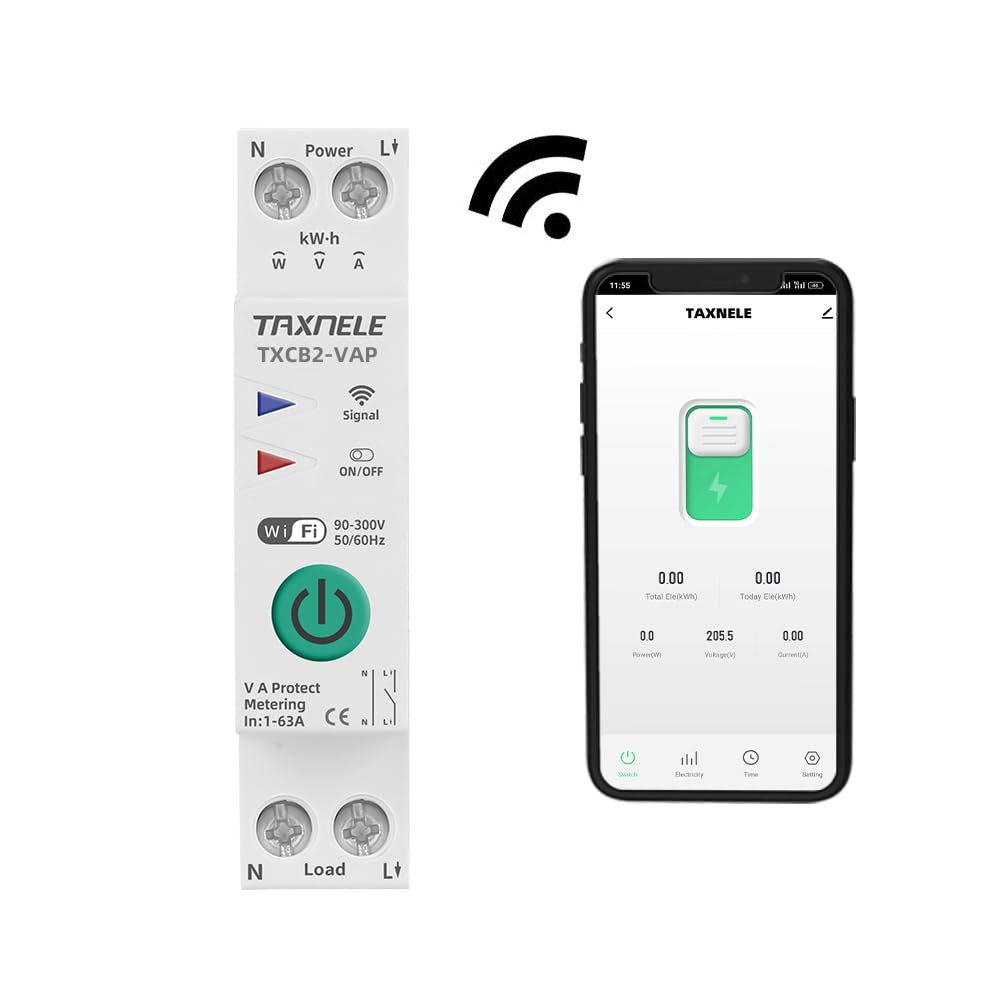 TAXNELE Tuya WiFi Smart Circuit Breaker 1-63A Adjustable | 230V DIN Rail Smart Energy Meter & Power Monitor with Over/Under Voltage Protection | Works with Smart Life, Alexa & Google Home