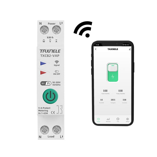 TAXNELE Tuya WiFi Smart Circuit Breaker 1-63A Adjustable | 230V DIN Rail Smart Energy Meter & Power Monitor with Over/Under Voltage Protection | Works with Smart Life, Alexa & Google Home