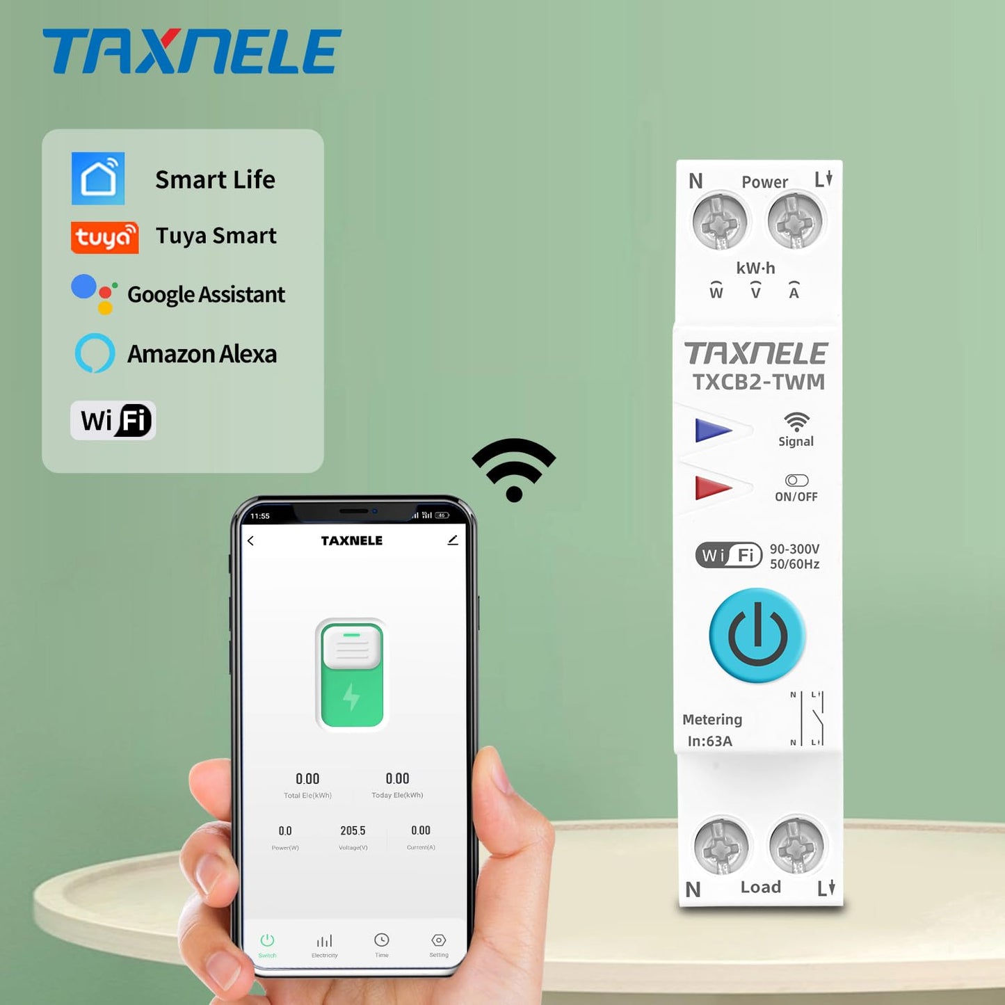 Taxnele Tuya WiFi Smart Circuit Breaker 63A 230V | Energy Meter, Voltmeter, Ammeter | Smart Life & Alexa Compatible