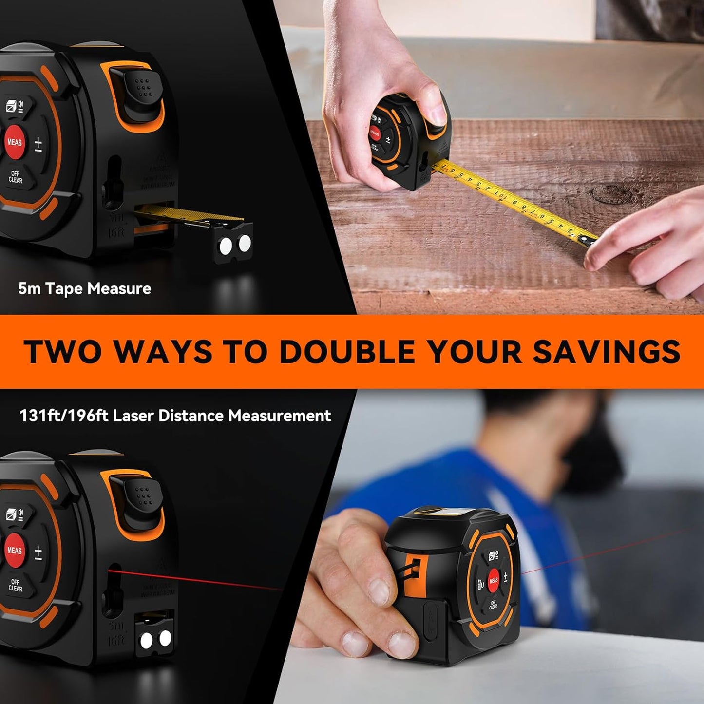 GOYOJO 2-in-1 Digital Laser Tape Measure - 131ft Laser & 16ft Auto-Lock Tape - Type-C Rechargeable, High-Accuracy Measuring Tool with LCD Display.