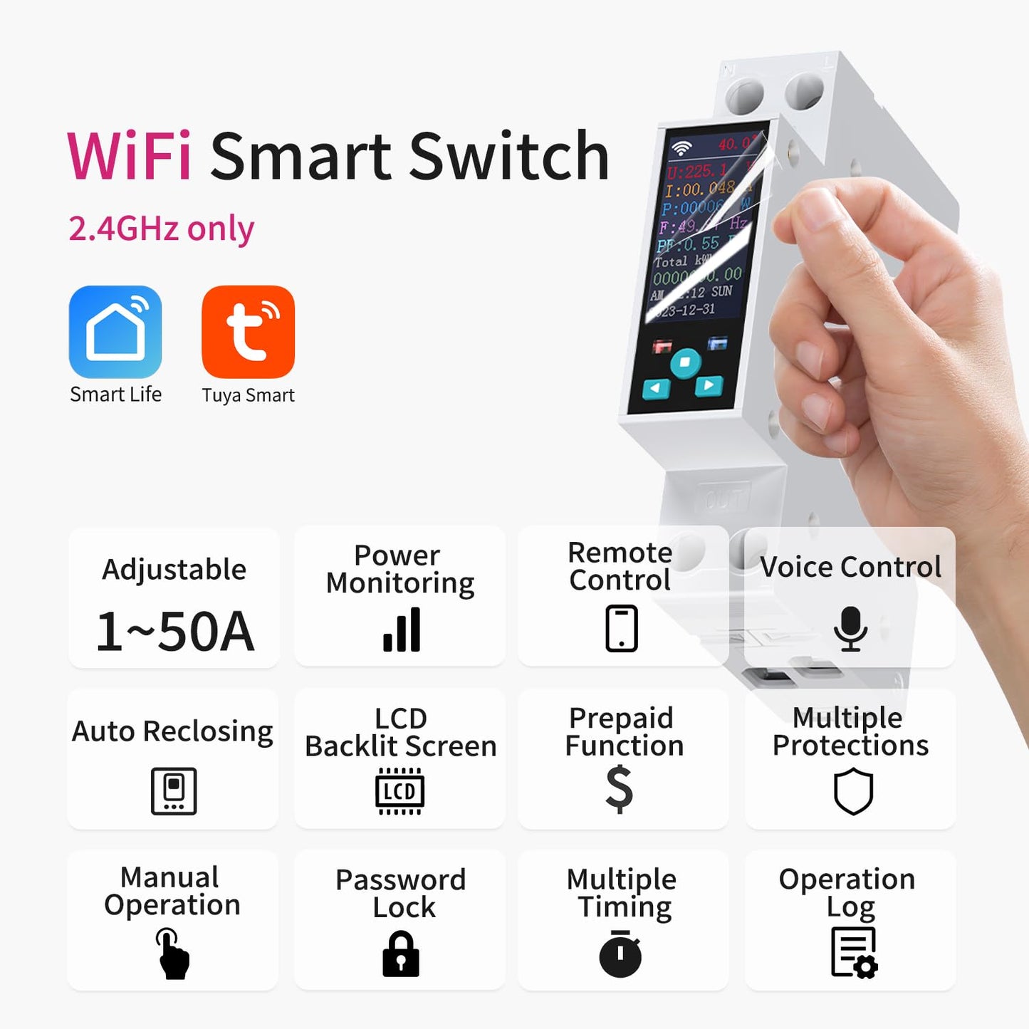 Tongou Smart WiFi Energy Switch, 1P+N, Power Monitor, Recloser & Overload Protection.