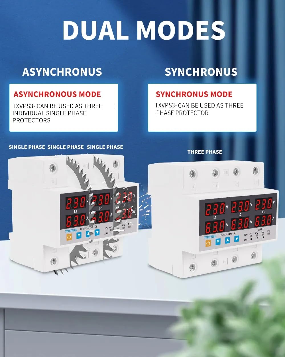 HIVAGI® 100A 3-Phase Voltage & Current Protector | SYNC/ASYNC Modes | Surge, Overload, Phase Loss Protection | Adjustable Over/Under Voltage & Overcurrent.