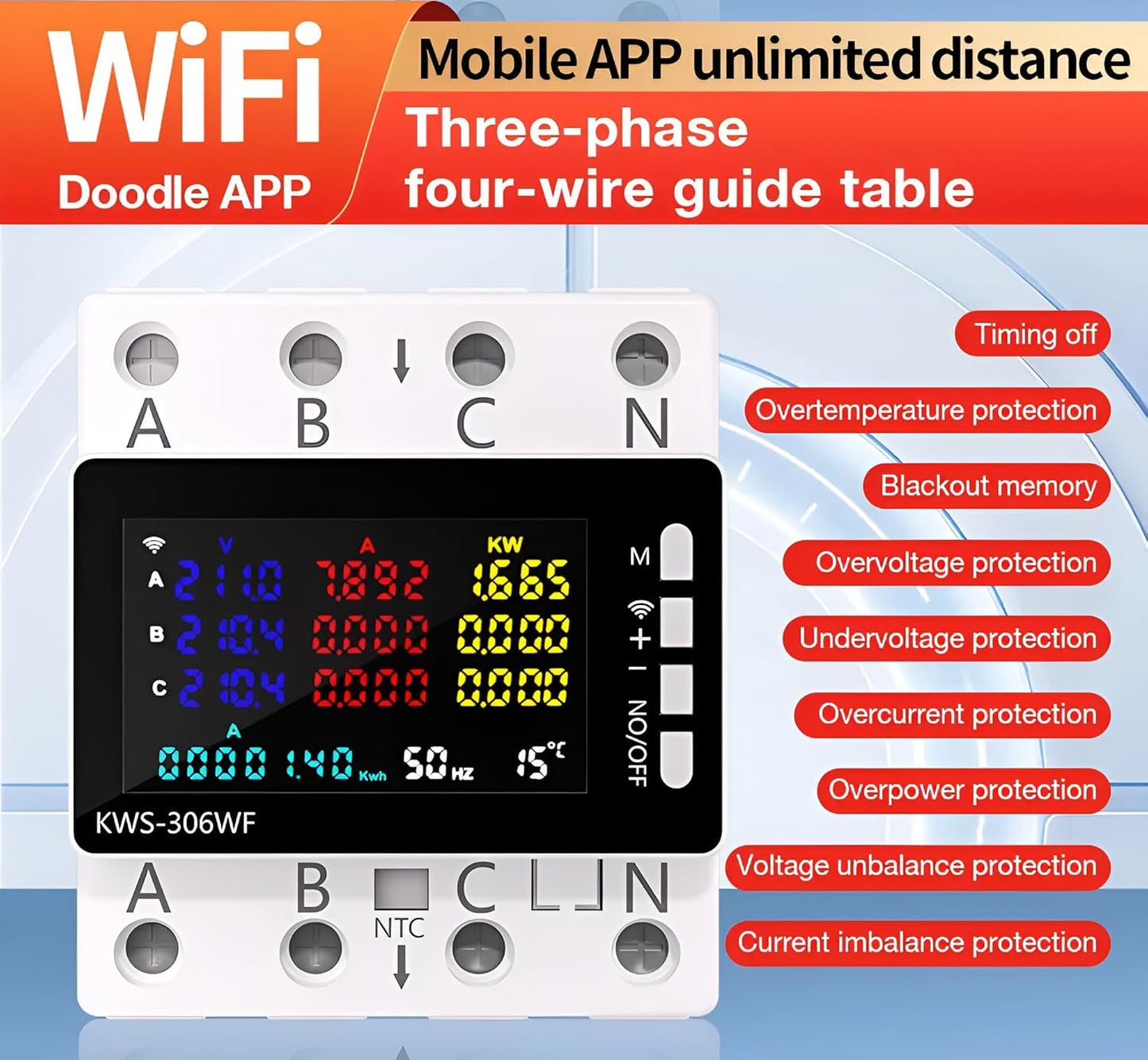 Taxnele 80A 3-Phase WiFi Smart Energy Meter & Circuit Breaker | Tuya Smart Life DIN Rail Voltage, Current & Surge Protection Relay (KWS-306WF).