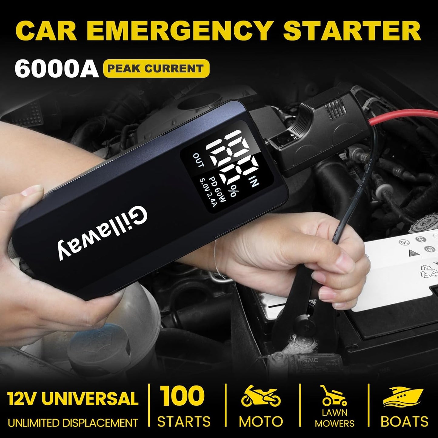 Gillaway 017 6000A Car Battery Jump Starter: Powerful, Reliable & Easy-to-Use for All Petrol and Up to 12L Diesel Engines.