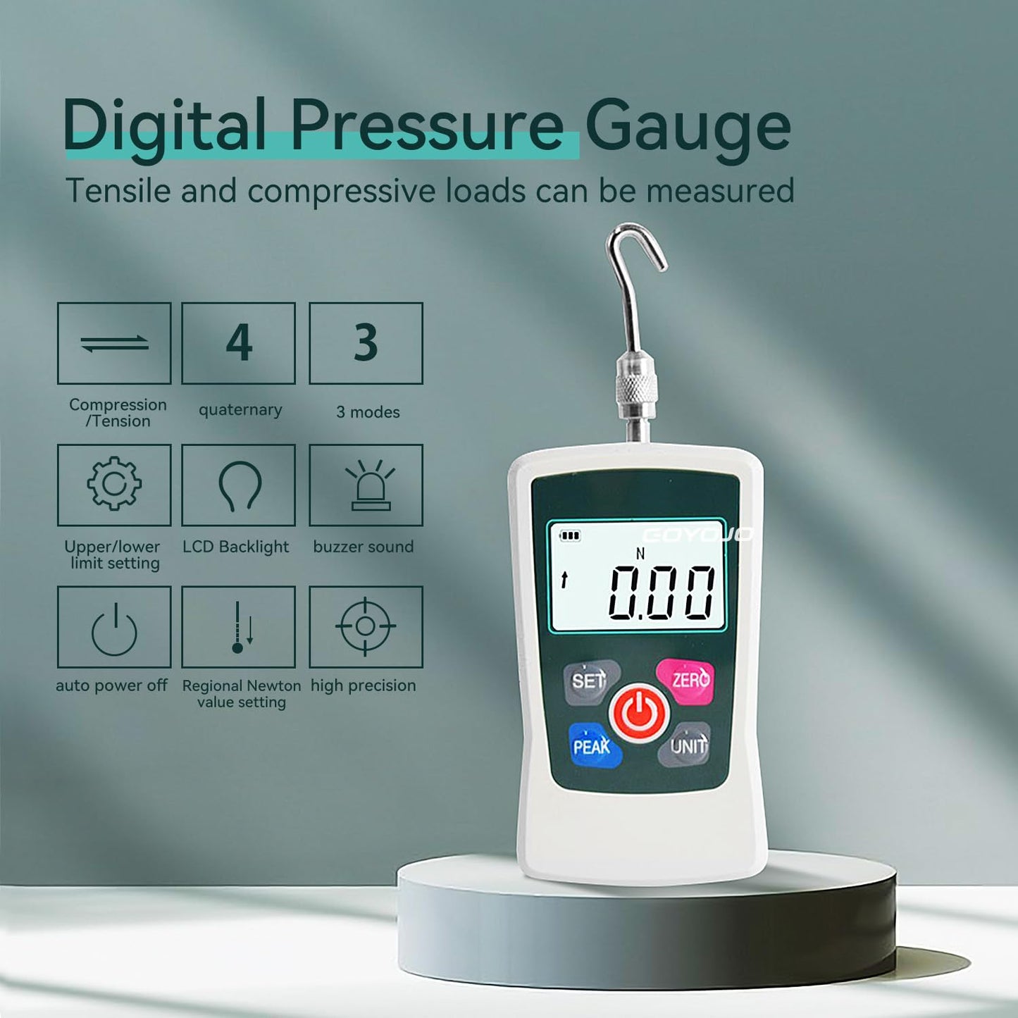 GOYOJO 500N Digital Force Gauge – High-Precision Push-Pull Meter for Tension & Compression Testing, 4 Measurement Units (N, kg, lb, oz) with Peak/Real-Time Modes for Quality Control & Industrial Testing.