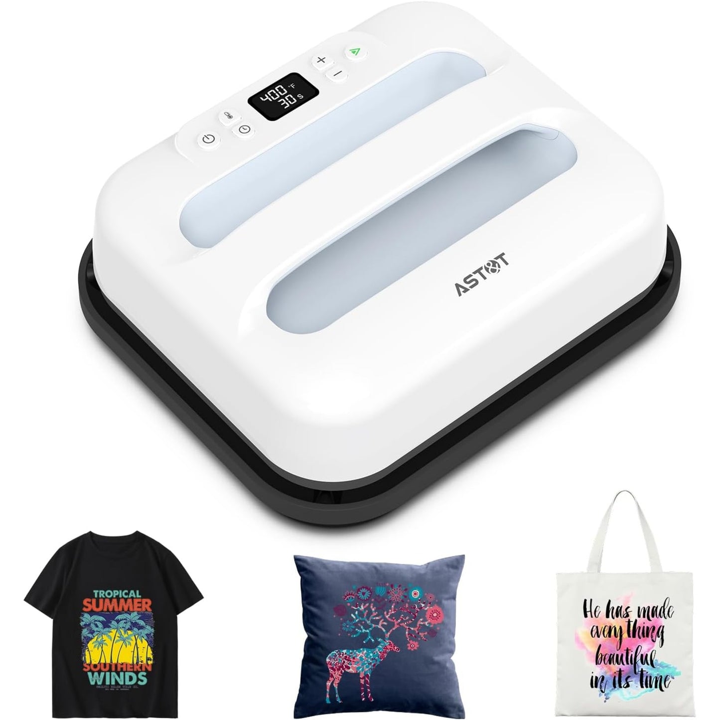 AST&T 12" x 10" Portable Heat Press Machine – Easy DIY T-Shirt, Pillow, Tote Bag & Fabric Printing Press with Auto Shut-Off, Fast Heating & Safe Anti-Overheating Design (White)