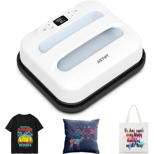 AST&T 12" x 10" Portable Heat Press Machine – Easy DIY T-Shirt, Pillow, Tote Bag & Fabric Printing Press with Auto Shut-Off, Fast Heating & Safe Anti-Overheating Design (White)