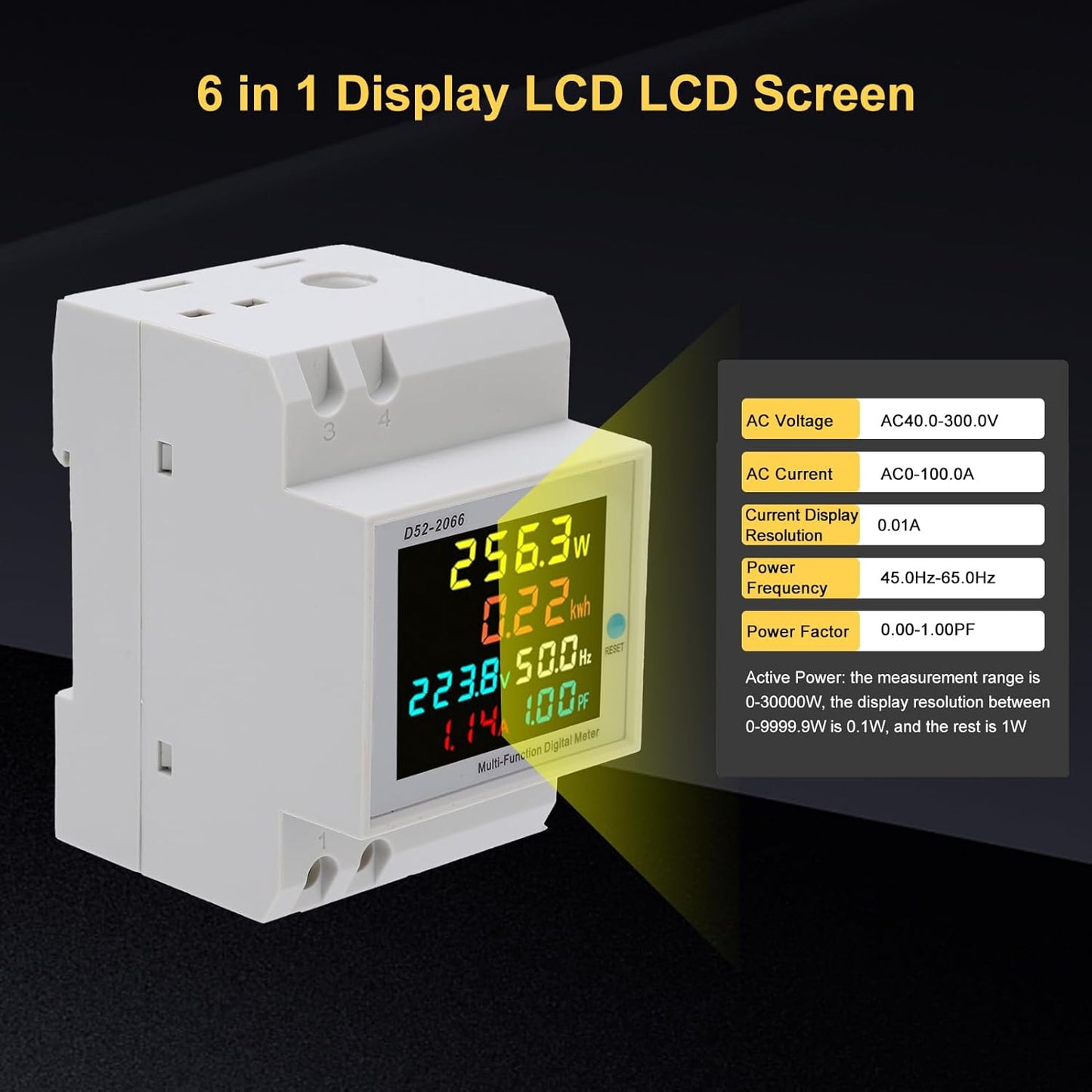 HIVAGI® Single Phase Energy Meter 100A 6-in-1 Power Monitor with LCD Display – AC 40-300V Voltage Current Frequency Active Power Consumption Meter for Home & Industrial Use