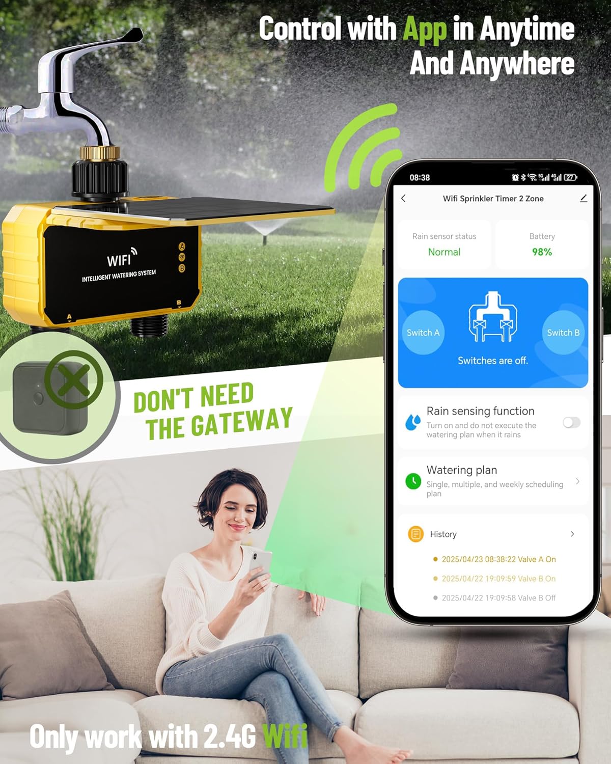 Solar Powered Smart WiFi Water Timer 2 Zone | HIVAGI® Irrigation Controller for Garden.
