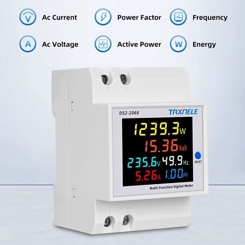 HIVAGI® Single Phase Energy Meter 100A 6-in-1 Power Monitor with LCD Display – AC 40-300V Voltage Current Frequency Active Power Consumption Meter for Home & Industrial Use