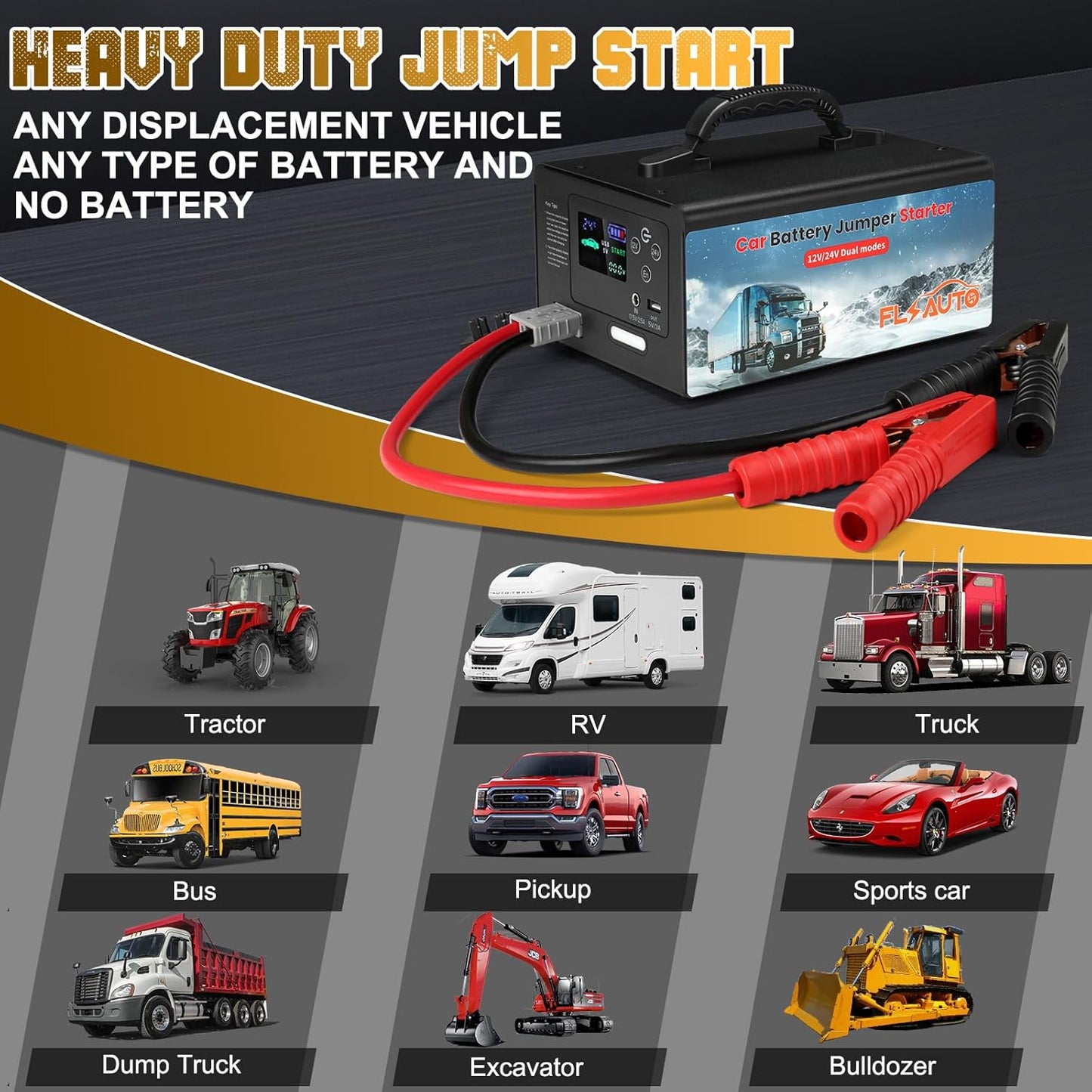 FlyAuto 10000A Heavy Duty Jump Starter – 24V/12V Lithium Battery Booster (60000mAh) for All Gas/Diesel Engines, Trucks, & Buses.